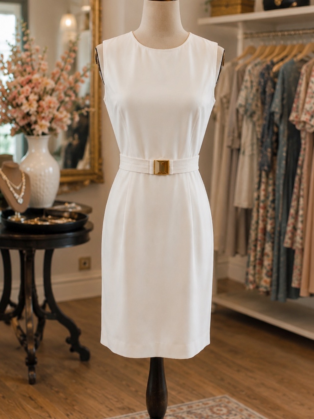 Calvin Klein Sleeveless White Sheath Dress with Belt